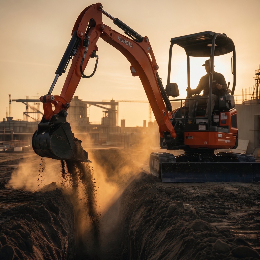 Kubota KX057-4 class mini excavator digging a trench on a Northeast Ohio construction site — utility and septic rental from Hudson Ohio